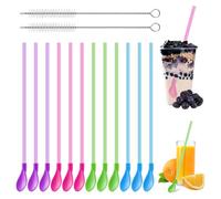 12 Pcs Straws Spoon 2 in 1,Plastic Straws Reusable,Plastic Spoons, Straw with Spoon with 2 Pcs Straw Brushes,Drinking Straws Spoons for Smoothie Milkshake Cocktail and Hot Drinks Multi-Color