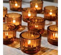 12 Pcs Tea Light Candle Holders, Amber Glass Tealight Holders for Table Centerpiece, Votive Tealight Holders 5cm x 3.5cm Vintage Candle Holder for Weddings, Birthday Parties, Home Decor, Table Decor