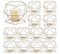 12 PCS Tealight Candle Holders, 4.7x3.9 Inch Golden Geometric Metal Candle Stand with Glass Inserts, Wedding Centerpiece Decor for Dining Table, Party, Christmas, Home Living Room