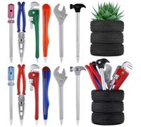12 Pcs Tire Shaped Pen Holder Novelty Tool Pens Set & 2 Tyre Pen Holders Set | Novelty Hammer, Wrench & Spanner Pencils with Drainage Hole Flowerpot Holders | Black Ink Fine Writing Pens