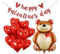 12 PCS Valentines Balloons, Happy Valentines Day Banner & Large Teddy Bear Balloon, Red Heart Foil Balloons for Engagement Wedding Valentine's Day Anniversary Party Decorations