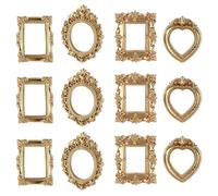 12 Pcs Vintage Resin Picture Frame, 4 styles Mini Picture Frames Baroque Antique Mini Photo Frames Small Oval Rectangle Wall Hanging Frame for Jewelry Display Photo Party Wedding Decoration (Gold)