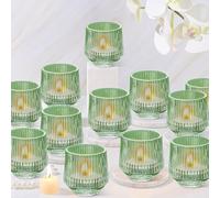 12 Pcs Votive Candle Holders, 8 x 7 cm Ribbed Glass Tea Light Candle Holder Bulk, Vintage Tealight Candles Holder for Table Centerpiece, Wedding, Christmas, Brithday, Thanksgiving Party Decor(Green)