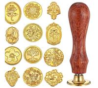12 PCS Wax Seals Stamp,Gold Waxs Seal Stamp Kit, Elegant Waxs Seal with Wooden Handle for Letters,Stamp Heads Wax Seal Stamp Heart for Cards Gift Business Gift Wrap(Gold, 12 Patterns)