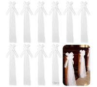 12 Pcs White Wedding Pew Bows with Long Tulle Tails, Big Pull String Chair Bows, Polyester Wedding Decorative Bows, for Wedding Aisle Decorations, Church Pews, Party and Home Decor