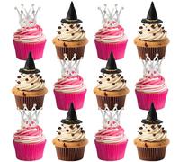 12 Pcs Witch Hat and Crown Cupcake Toppers Witch Theme Party Wicked Birthday Decorations Mini Wizard Hats Silver Crown Cake Topper Decor Princess Cake Accessories for Birthday Party Supplies Crafts