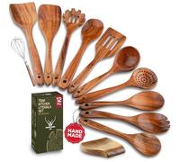 12 Pcs Wooden Cooking Utensils Set - Luxury Wooden Kitchen Utensils with Holder, Versatile Wooden Spoons for Cooking & Durable Teak Wood Utensil Set for Modern Home - Cooking spoons with Spatula