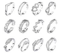 12 PCS Zinc Alloy Toe Rings, Adjustable Hypoallergenic Heart Open Toe Ring Set Summer Beach Foot Jewelry Gifts for Women Girls