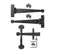 12" Penny T Hinges Pair & Suffolk Thumb Latch Hand Forged Beeswax Door Pack Kit