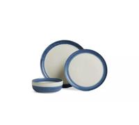 12 Piece Blue Stoneware Dinner Set Artisan Stripe Tableware Set for 4, Plates & Bowls, Hand Painted Design, Microwave & Dishwasher Safe