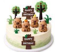 12-Piece Capybara Cake Topper Set, Cute Capybara Cake Decorations | 4 Unique Capybara Figures, 4 Grass Accents, 2 Signposts, 2 Fruit Trees, Soft Rubber Material, Reusable Party Decorations