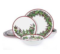 12-Piece Christmas Melamine Dinnerware Sets,Holiday Dishes Set For 4, Lightweight & Stackable for Home&Party plates,Plate and Bowl Sets Ideal for for Indoor Outdoor Use -Christmas Garland