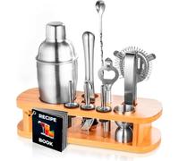 12-Piece Cocktail Shaker Set with Stand - 500ml Bartender Kit Including Shaker Jigger Muddler Bar Spoon Strainer Tongs 4 Pourers & Opener - Gift Box for Home Entertaining