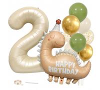 12 Piece Dinosaur 2nd Birthday Balloons with 32 Inch Number 2 Balloon | 10 balloons with dinosaur foil balloon, 8 coordinating balloons, ribbon and inflation straw for first birthday displays