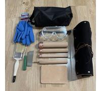 12-piece Flint Knapping Tools Pad Kit, Obsidian Crafting Tool, Beech Wood Handle, with Cowhide Peeling Pad, for Pros and Beginners, Volcanic Glass Dragon Crystal
