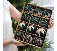 12 Piece Foam Christmas Ornaments with Velvet Finish Glitter and Pearl Accents Assorted Styles Shatterproof Holiday Baubles for Tree Wreath Garland Home Decor Reusable Storage Box(8cm ink green)