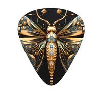 12-Piece Golden Delicate Dragonfly on Black Background Guitar Pick Set - Perfect for Beginners and Professionals (Bass, Electric, and Acoustic Guitars)