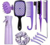 12-Piece Hair Styling Kit with Detangling Brush, Wide-Tooth Combs, Rat Tail Combs, Alligator Clips, Spray Bottle for Curly Hair (Purple)