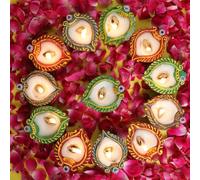 12 Piece Handmade Terracotta Clay Diyas with Wax & Cotton Wicks for Diwali | Decorative Hand-Painted Finish with Ready-to-Light Wax Enhances Festive Display, Entrance, Pooja Rooms and Celebration Décor
