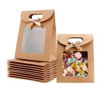 12-Piece Kraft Paper Gift Bags with Clear Window Handles Bowknot - Brown 12x6x16cm | Small Wedding/Birthday/Business Gift Bags for Favors, Easter, Holidays & Homemade Bread Packaging