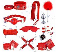 12 Piece Leather Stretching Exercise Set, Brand New Leather Bedroom Adjustable Set with Nylon Rope and Feather Stick - D7 （Red）