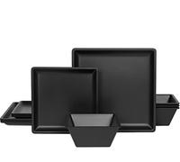 12 Piece Melamine Plates and Bowls Sets，Black Square Dinnerware Set for 4 | Square Dinner Set with Plates, Dishes, Bowls ,Indoor and Outdoor Use -Serving Platters for 4 Dishwasher Safe - Black