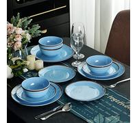 12-Piece Melamine Tableware Set for 4 People, Break-Resistant Plates and Bowls, Dishwasher Safe, BPA Free (Blue)