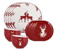 12 Piece Red Reindeer Stoneware Dinner Set