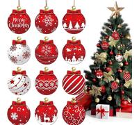 12-Piece Red & White Christmas Ball Wooden Ornaments Set - Festive Winter Hanging Decor with Santa, Reindeer & Snowflake Designs for Christmas Tree