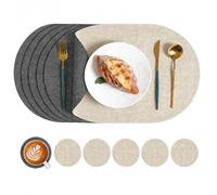 12 Piece Reversible Placemats & Coasters Set, PVC Table Mats, Cream & Grey | 6 oval 43 × 30 cm placemats and 6 matching 10 cm coasters with reversible cream and dark grey sides.