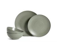 12 Piece Sage Green Stoneware Dinner Set Textured Ripple Tableware Set for 4, Plates & Bowls, Speckled Finish, Microwave & Dishwasher Safe