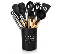 12 Piece Silicone Kitchen Utensil Set with Holder - Heat Resistant Non-Stick Cooking Utensils, Wooden Handle Kitchen Tools Set Including Spoon, Spatula, Whisk, Tongs & Brush - Black Sucasa