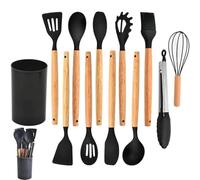 12-Piece Silicone Kitchen Utensil Set with Wooden Handles, Heat-Resistant, Nonstick Cooking Tools Set with Tongs, Spatula, Spoons & Holder, Dishwasher Safe Best Kitchen Gadgets (Black, One Size)