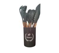 12 Piece Silicone Kitchen Utensils Set with Wooden Handle - Complete Cookware Set, Strong and Durable (Grey)