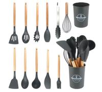 12 Piece Silicone Kitchen Utensils Set with Wooden Handle - Complete Cookware Set, Strong and Durable (Grey)