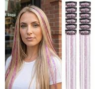 12-Piece Sparkling Purple Glitter Hair Tinsel Clip-In Extensions 20 Inches - Secure Non-Slip Metal Clips For Festivals Parties Hairstyles Women Girls Synthetic Long Straig (Sparkling Magenta Tinsel)