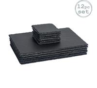 Argon Tableware 12 Piece Rectangular Slate Placemats & Coasters Set - Black Natural Stone Dinnerware Plate Placemats Drink Mats for Kitchen, Home, Bar, Restaurant, Weddings, Events