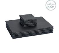Argon Tableware 12 Piece Rectangular Slate Placemats & Coasters Set - Black Natural Stone Dinnerware Plate Placemats Drink Mats for Kitchen, Home, Bar, Restaurant, Weddings, Events