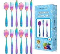 12 Piece Stainless Steel Kids Silverware Set - Kids Utensil Set - Metal Kids Cutlery Set Includes 4 Small Kids Spoons, 4 Forks & 4 Knives - UV Rainbow
