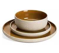 12 Piece Stoneware Dinner Set Raw Edge Speckle Camel Tableware Set for 4, Plates & Bowls, Rustic Artisan Design, Microwave & Dishwasher Safe