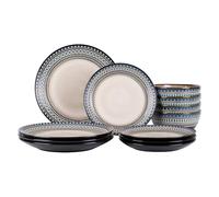 12 Piece Stoneware Dinnerware Set for 4, Vintage Blue & White Geometric Handmade Ceramic Plates and Bowls, Chip Resistant Dish Set, Microwave & Dishwasher Safe Porcelain Kitchen Dishes