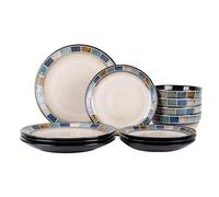 12 Piece Stoneware Dinnerware Set for 4, Vintage Blue & White with Square Rim Handmade Ceramic Plates and Bowls, Chip Resistant Dish Set, Microwave & Dishwasher Safe Porcelain Kitchen Dishes