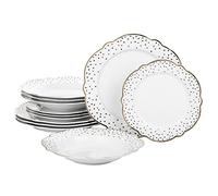 12 Piece Vintage Spotty Flower Shaped Dinnerware Set with Gold Rim - 4X Dinner Plates 26.5cm, 4X Side Plates 19cm & 4X Soup Bowls 17cm - Porcelain Dining Set for 4 People