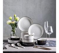 12 Piece2-4 Person Porcelain Dinnerware Set, European-Style Creative Simple Black and White Mixed Colorplate and Bowl Set