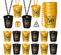 12 Pieces 30th 40th 50th 60th 70th Shot Glasses Necklace Birthday Plastic Shot Glass on Beaded Necklace Cups for Birthday Party Anniversary Supplies, Gold and Black(50th)