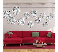 12 Pieces 3D Glittery Large White and Silver Snowflake Hanging Garland for Christmas, Frozen Party Supplies, Winter Wonderland Decorations (Silver)