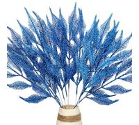 12 Pieces Artificial Glitter Leaves Branches, 39cm Sparkly Fake Leaf Sprays for Christmas Tree Feathers Decoration, Picks Ornament Arrangements, DIY Crafts, Wreaths (Royal Blue)