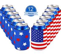 12 Pieces Can Sleeve Coolers USA Flag Insulated Neoprene Beer Soda Sleeve Coolers Covers Fit 12 oz Cans and 12 to 16 oz Glass or Aluminum Bottles for America Independence Day