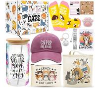 12 Pieces Cat Mom Gifts for Women, Best Cat Lovers Gifts for Women with 16oz Glass Cup, Baseball Cap, Tote Bag, Makeup Bag, Socks, Bracelet, Keychain for Cats Lover Birthday Christmas Mothers Day Gift