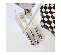 (12 Pieces) Chequerboard Ceramic Handle Kitchen Stainless Steel Silverware Tableware Flatware Cutlery Set Steak Knife Fork Spoon Teaspoon (Black)